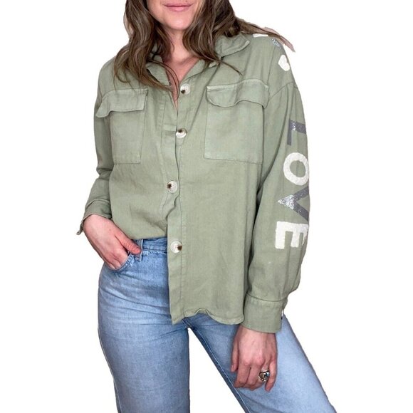 Karamel Collection Size XL Womens Love Jacket Army Green Button Up Shacket - Picture 1 of 6